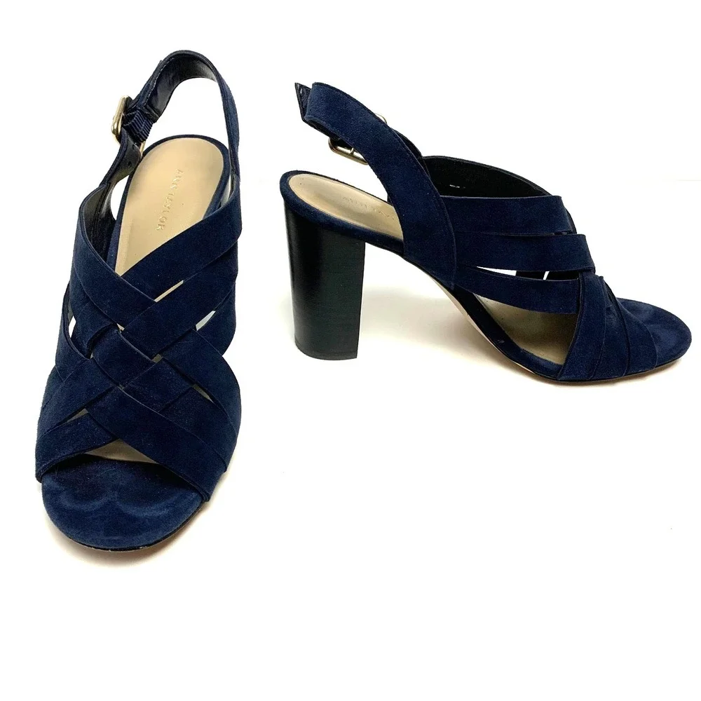 Ann Taylor Suede Leather Strappy Block Heel Sling Back Sandals 6 6.5 Navy Blue